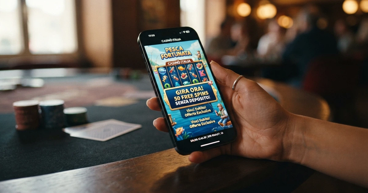 Una mano che tiene uno smartphone con il display che mostra una slot machine colorata e la scritta «50 giri gratis», su uno sfondo pulito con elementi da casinò in secondo piano