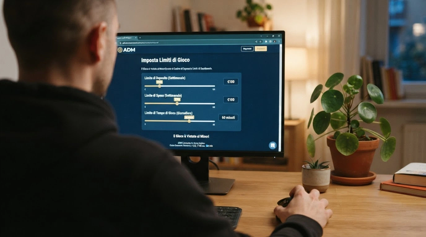 L'interfaccia di impostazione dei limiti di gioco nell'area personale di un casinò ADM, con i cursori per deposito, spesa e tempo