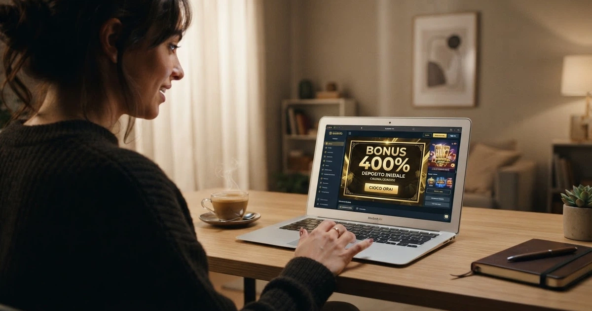 Un giocatore consulta la pagina delle promozioni di un casinò online su un computer portatile, con il testo «Bonus 400%» evidenziato sullo schermo.