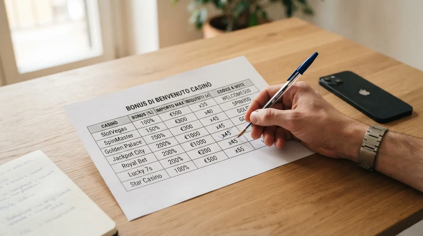Una schermata comparativa con i loghi dei casinò ADM recensiti e accanto i rispettivi bonus di benvenuto