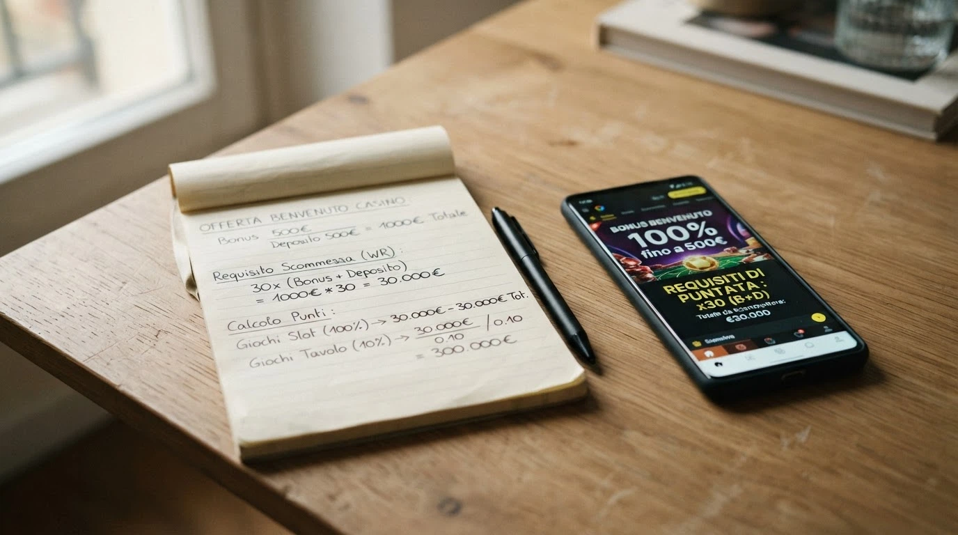 Una calcolatrice accanto a un telefono con l'interfaccia di un bonus di benvenuto, con il moltiplicatore del wagering evidenziato