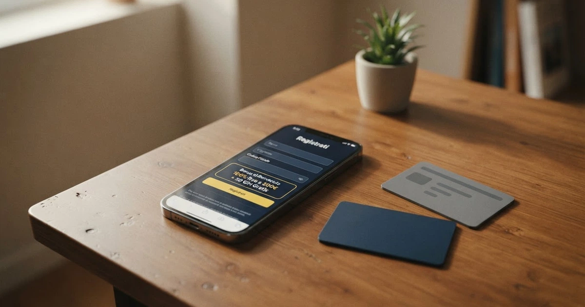 Un primo piano di uno smartphone che mostra la schermata di registrazione di un casinò online legale italiano, con il form di iscrizione compilato e il riquadro del bonus di benvenuto in evidenza. Sullo sfondo, una carta d'identità elettronica (CIE) e un documento di identità appoggiati su una scrivania.
