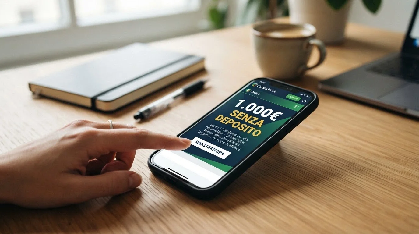 Un dettaglio della schermata promozionale di benvenuto con l'importo del bonus senza deposito in evidenza, accanto alle condizioni di wagering in carattere più piccolo