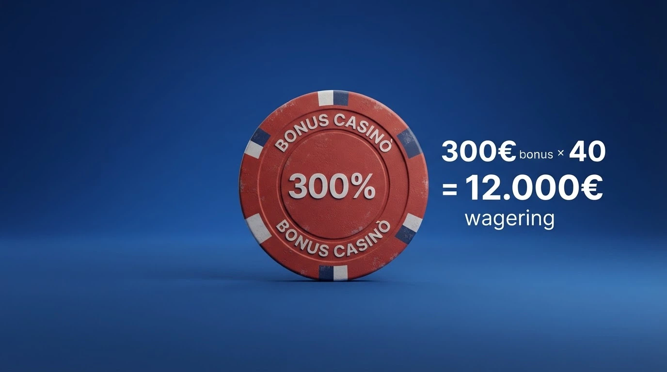 Rappresentazione grafica del calcolo del requisito di scommessa: deposito, percentuale di match, bonus erogato e volume di gioco richiesto