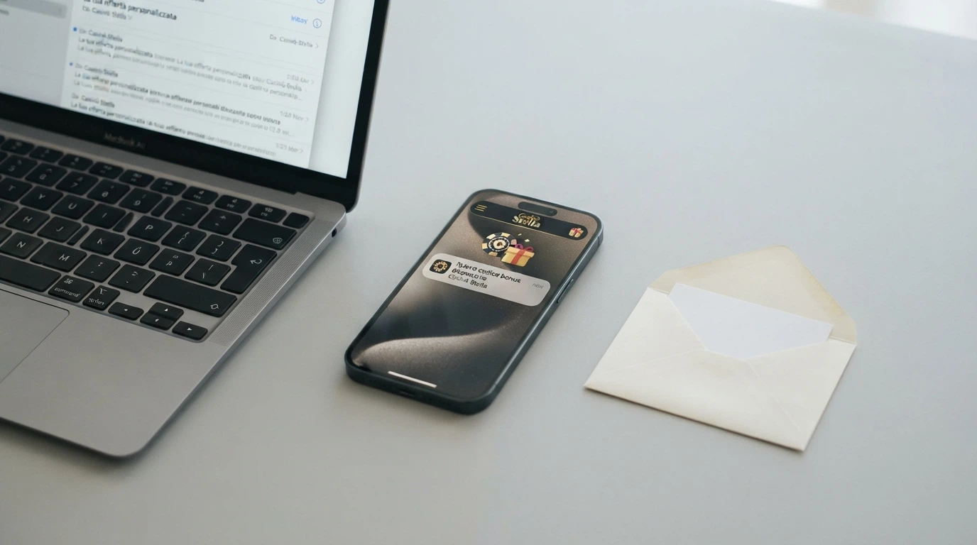 Schermata di uno smartphone con icone di email, SMS e notifiche accanto al logo di un casinò