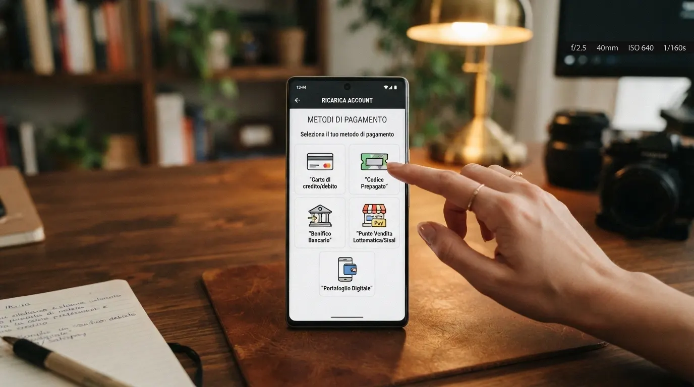 Uno smartphone mostra diverse opzioni di pagamento per la ricarica di un conto gioco: carta di credito, voucher, bonifico, punto vendita e PayPal
