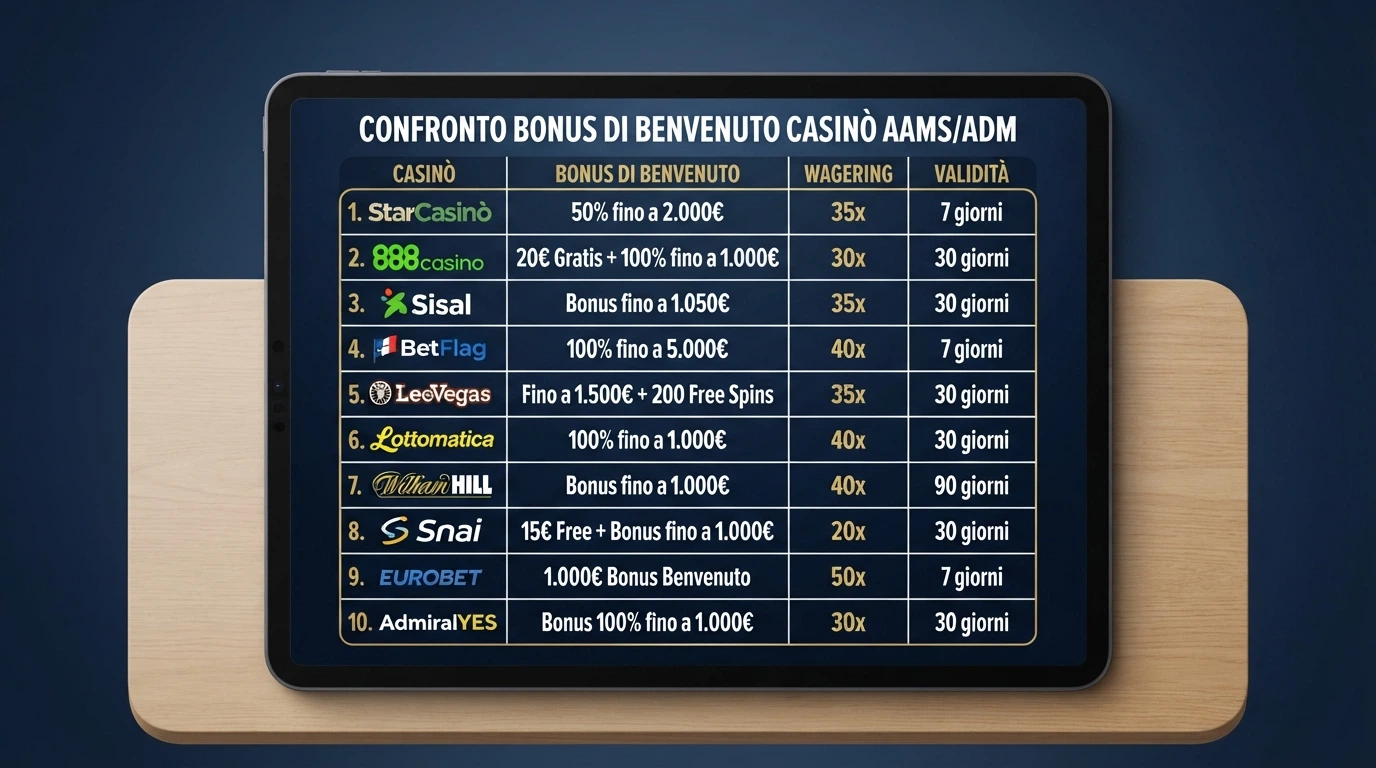 Una tabella comparativa stilizzata con le colonne dei bonus, del wagering e della validità, e i loghi dei casinò ADM in miniatura nella prima colonna