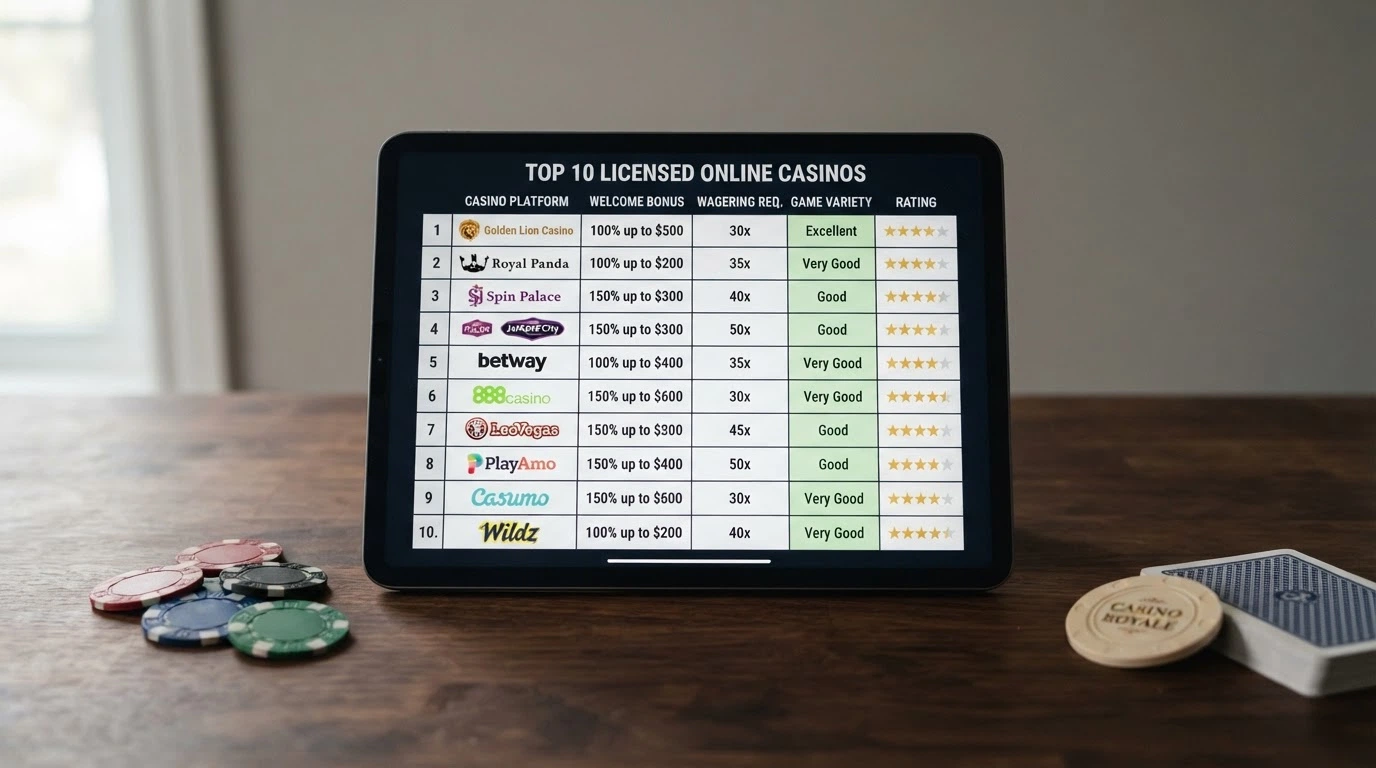 Una griglia comparativa stilizzata con i loghi di dieci casinò online titolari di concessione ADM disposti su cinque colonne informative