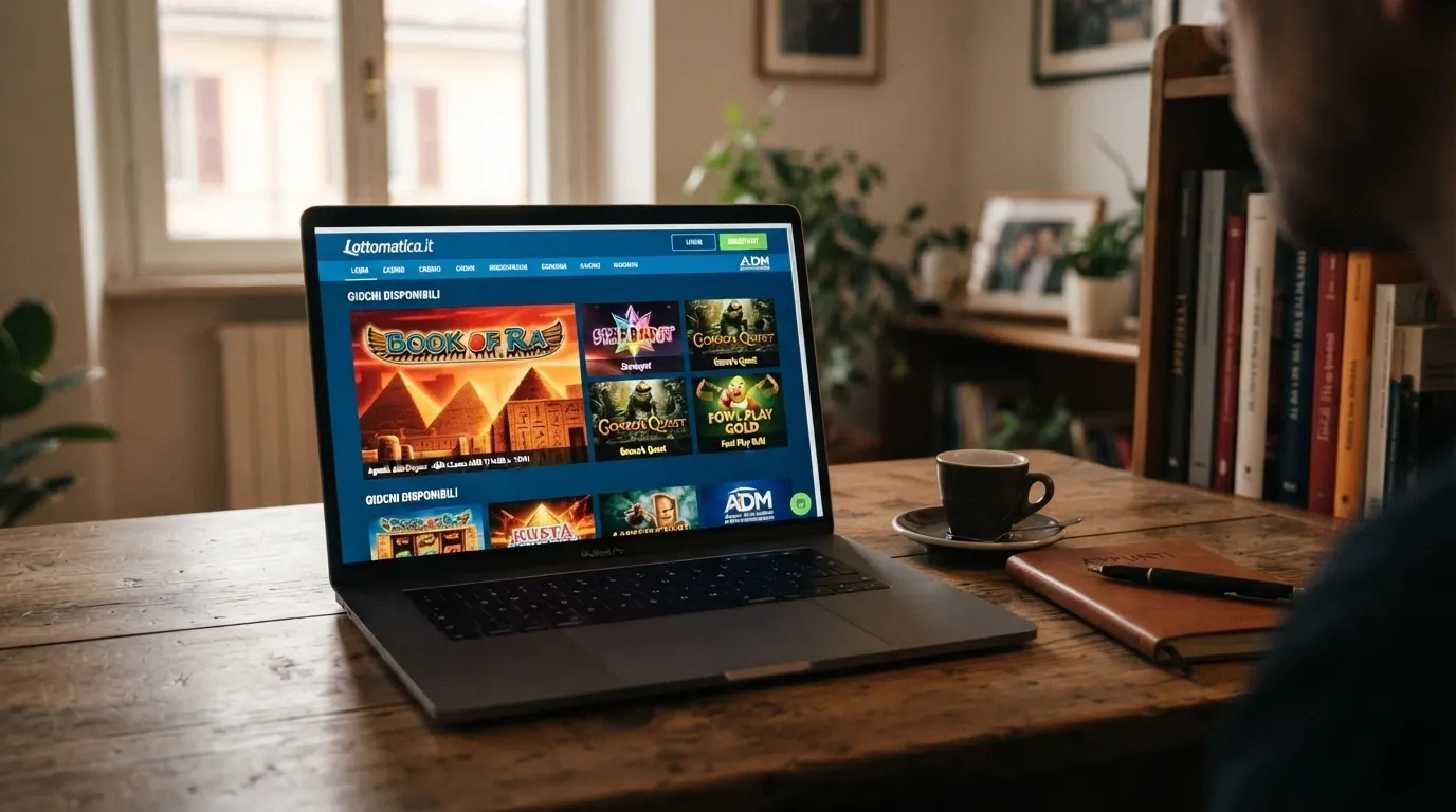 Schermata della lobby slot di un casinò online con concessione ADM, con Book of Ra e altri titoli Novomatic in evidenza