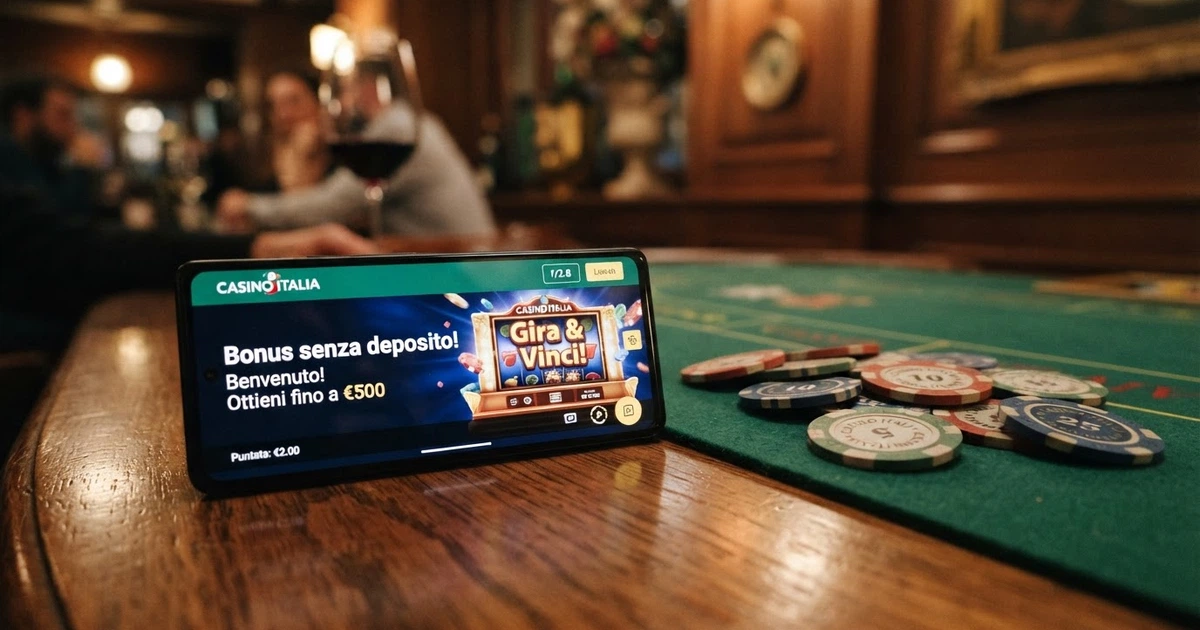 Un tavolo da gioco con fiches e uno smartphone che mostra l'interfaccia di un casinò online in italiano, con la scritta «Bonus senza deposito» visibile sullo schermo.