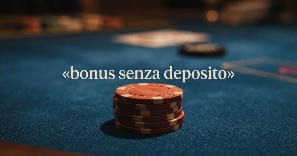Un tavolo da gioco virtuale con chip e la scritta «bonus senza deposito» in overlay, su sfondo blu scuro