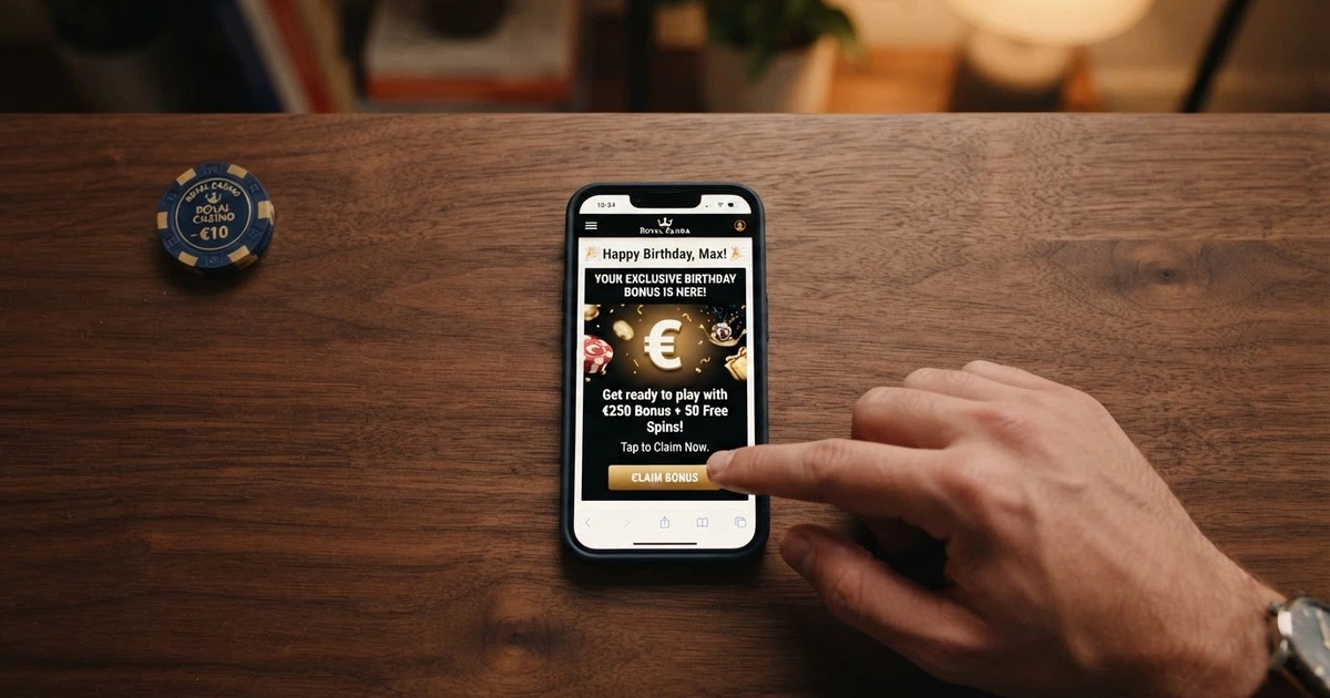 Un giocatore che controlla la sezione promozioni di un casinò online sul proprio smartphone, con una notifica che segnala un bonus disponibile in occasione del compleanno.