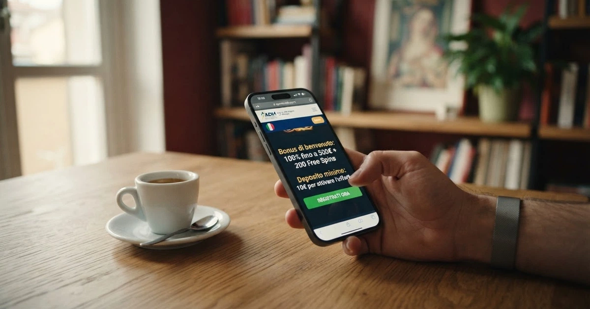 Un giocatore consulta su uno smartphone la pagina delle promozioni di un casino online con licenza ADM, accanto a un caffè. Sullo schermo sono visibili le voci «Deposito minimo» e «Bonus di benvenuto» in italiano.