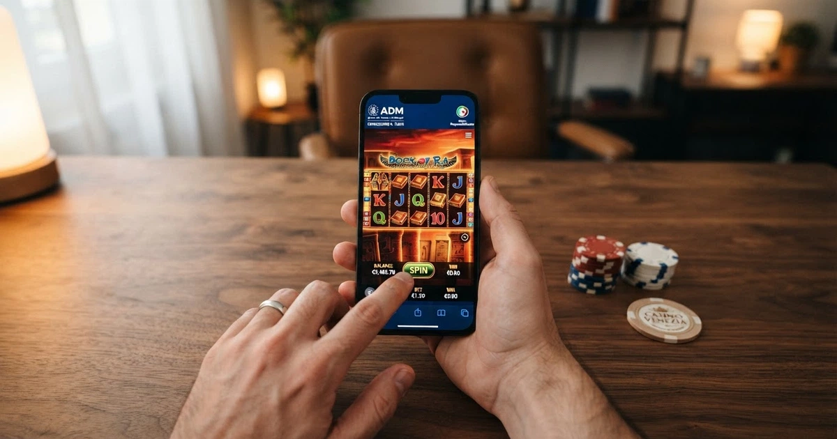 L'interfaccia di un casinò online con licenza ADM, con la sezione cassa in evidenza e l'importo di 20 euro selezionato come deposito.
