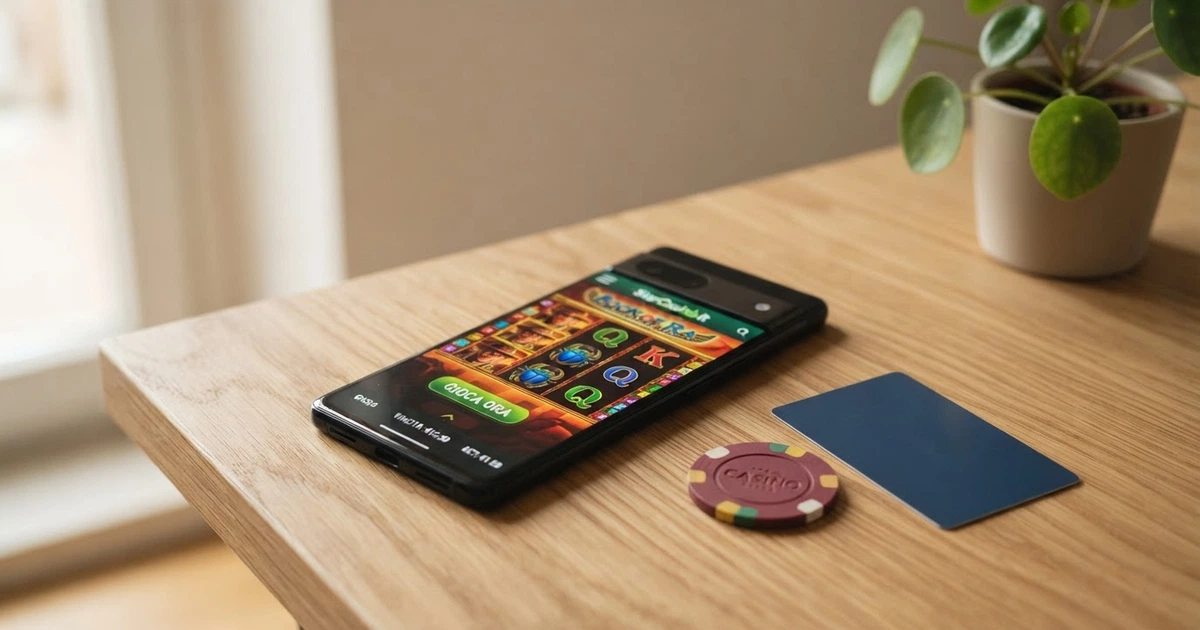 Un telefono con lo schermo di un casinò online in italiano, accanto una moneta da 5 euro e una carta di pagamento