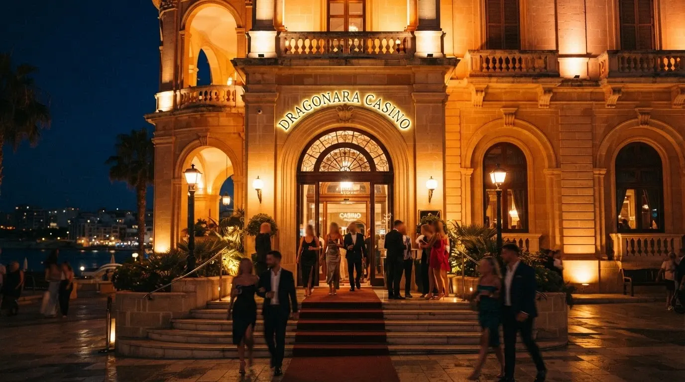 La facciata illuminata di un casinò fisico a Malta in orario serale, con visitatori all'ingresso e il nome del casinò in evidenza