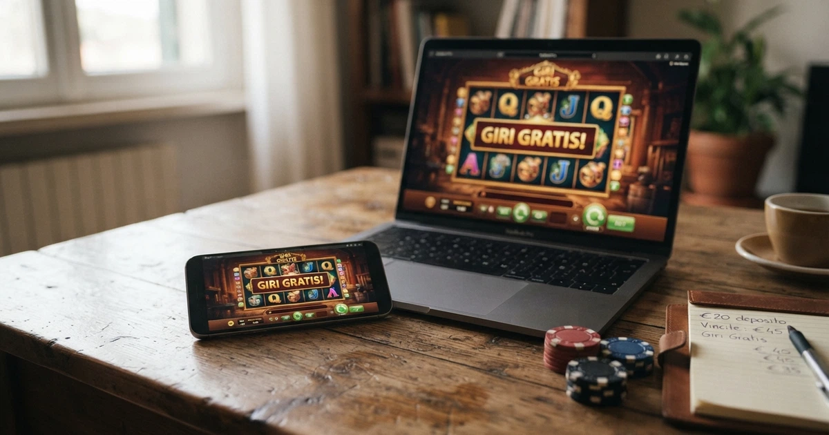 Una slot machine colorata sullo schermo di un computer portatile con la dicitura «Giri Gratis» in evidenza e un telefono accanto che mostra la stessa schermata