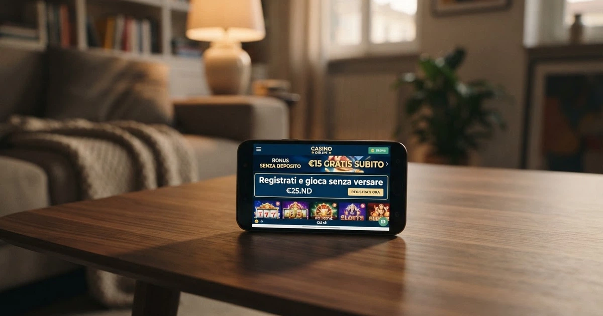 Interfaccia di un casinò online con una promozione bonus senza deposito in primo piano e la scritta «Registrati e gioca senza versare»