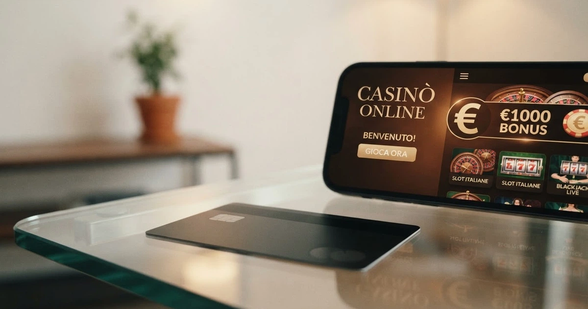Una carta American Express argentata appoggiata su uno schermo che mostra la lobby di un casinò online, con il simbolo del lucchetto e la bandiera italiana visibili sullo sfondo.