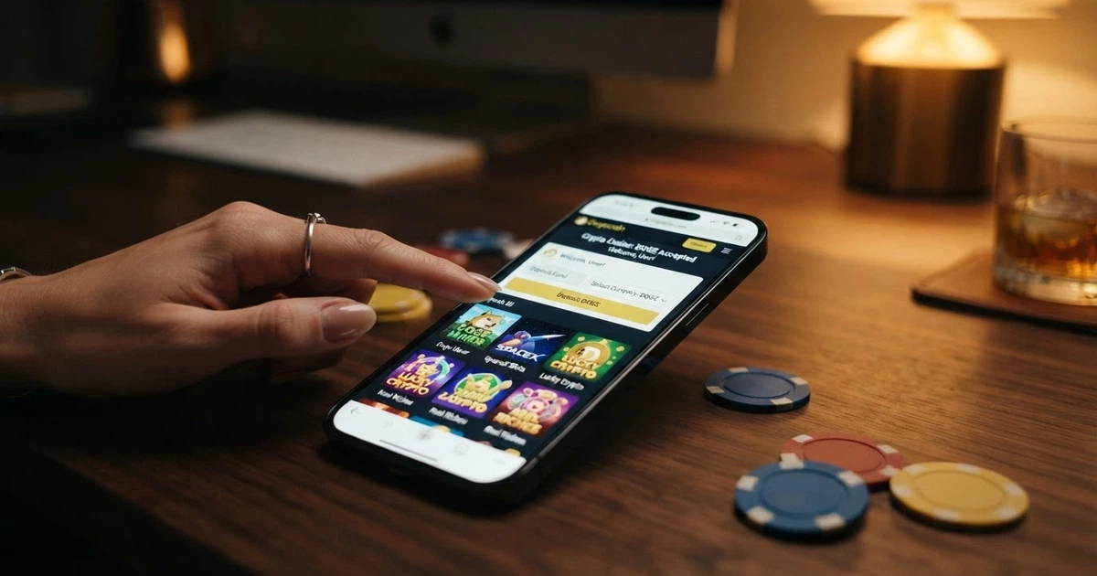 L'interfaccia di un casinò online con logo Dogecoin, sezione deposito in criptovalute e pannello dei giochi in evidenza