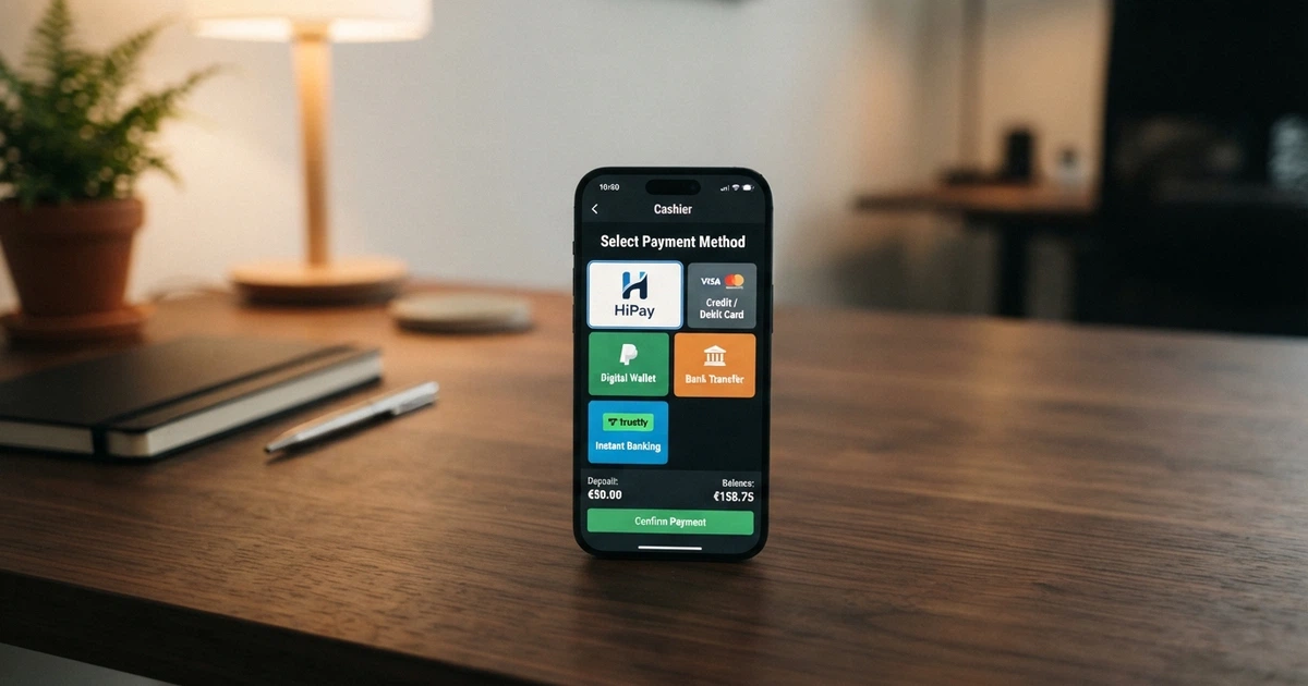 Interfaccia della cassa di un casinò online con il logo HiPay visibile tra le opzioni di pagamento, affiancato da altri metodi come carta di credito e portafogli digitali