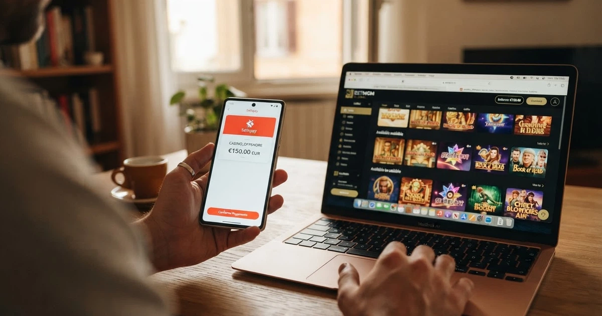 Un telefono con l'app MuchBetter aperta accanto allo schermo di un casinò online, con il logo del wallet in evidenza e una schermata di deposito.