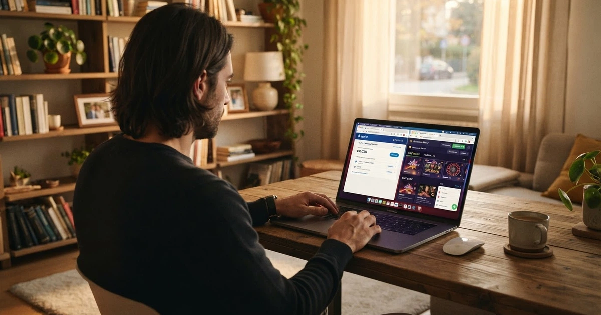 Un giocatore davanti allo schermo di un computer con il logo Neteller visibile sullo schermo e una lista di casinò online aperti in schede del browser