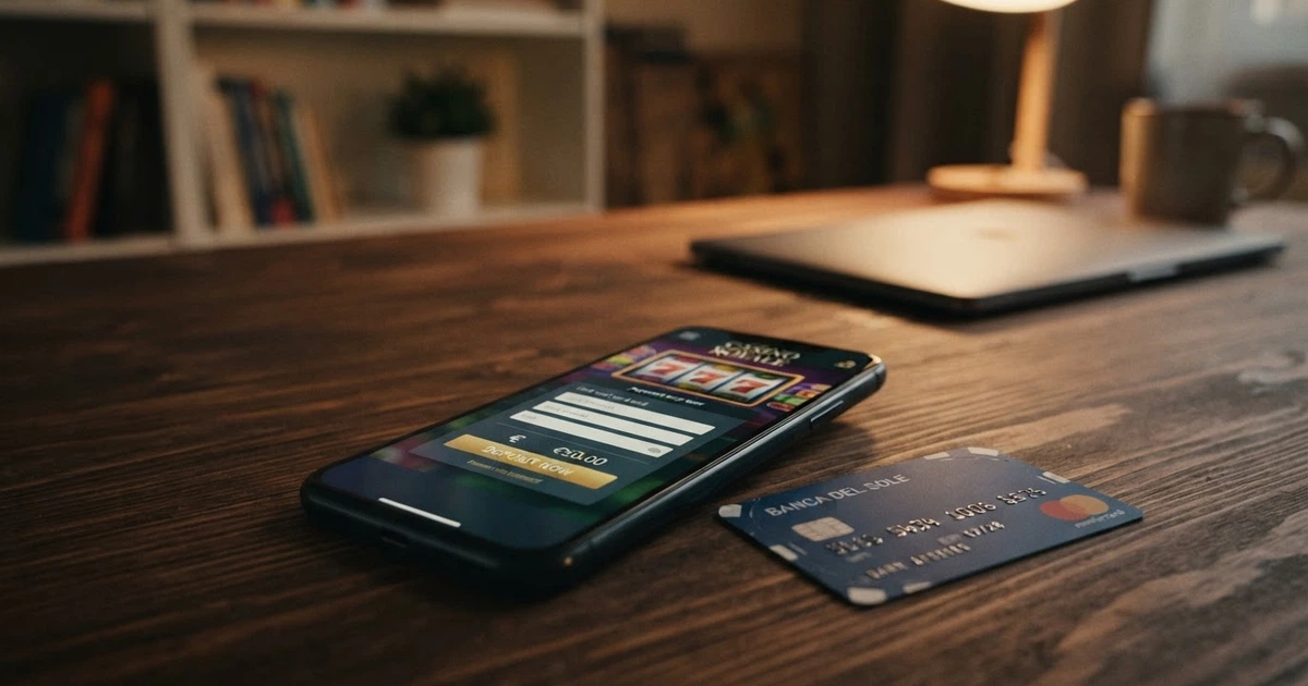 Una carta Nexi appoggiata accanto allo schermo di un computer che mostra la pagina di un casinò online con il modulo di deposito aperto