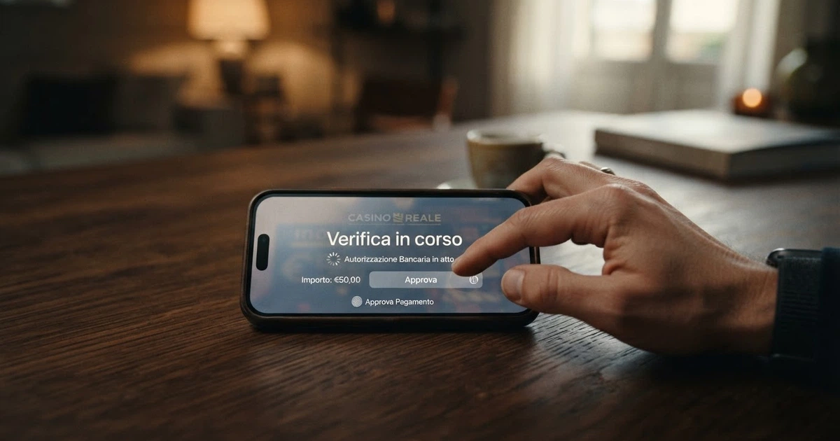 Un giocatore che avvia un deposito Trustly sullo schermo di uno smartphone, con l'interfaccia bancaria in overlay e la scritta «Verifica in corso» visibile