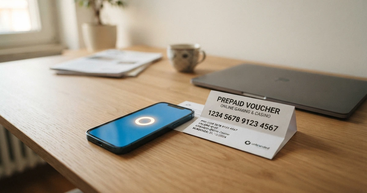 Un primo piano di uno smartphone con il logo Paysafecard sullo schermo, appoggiato su una scrivania accanto a un voucher cartaceo con PIN a 16 cifre