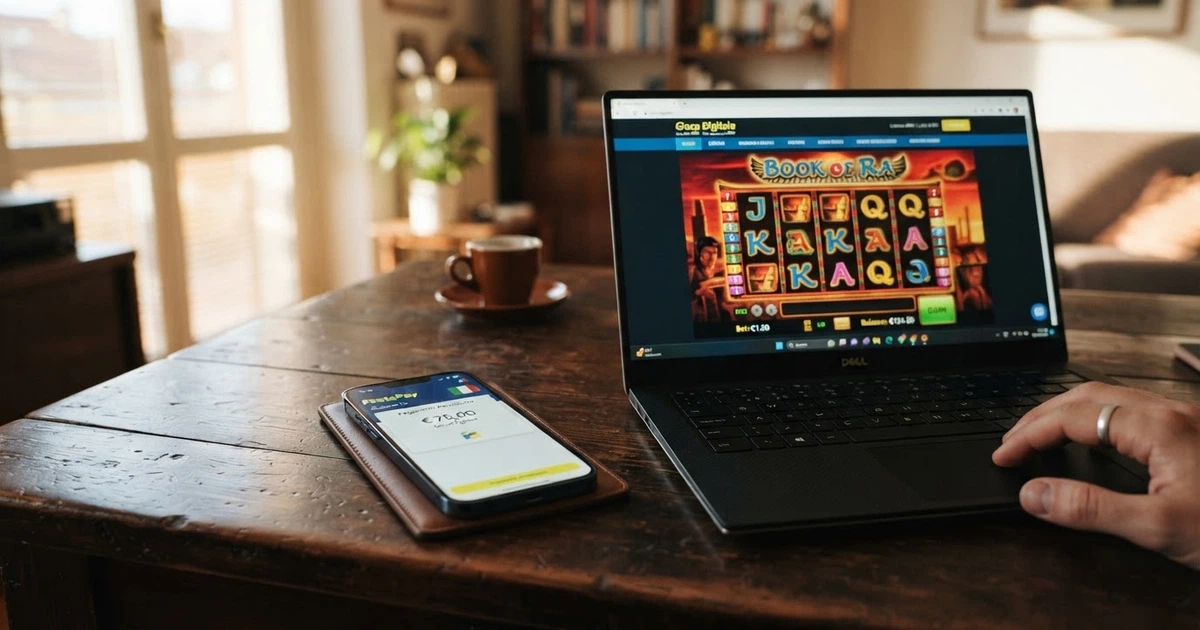 Un telefono con l'app Satispay aperta accanto allo schermo di un computer che mostra la pagina di un casinò online