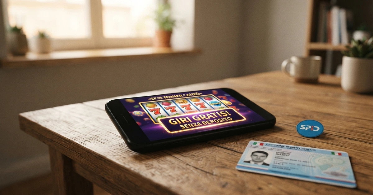 Un primo piano di uno smartphone che mostra una slot machine colorata con la scritta «Free Spin» sullo schermo, affiancato da un documento d'identità digitale e dal logo SPID, su uno sfondo pulito