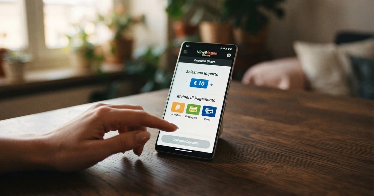 Un telefono con lo schermo che mostra la pagina di deposito di un casinò online, con il selettore dell'importo fermo su 10 euro e le icone dei metodi di pagamento visibili in basso