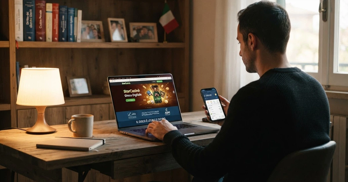 Un giocatore italiano seduto davanti a un computer portatile, sullo schermo la homepage di un casinò online con il logo della concessione ADM ben visibile nel footer; alle sue spalle una libreria con testi giuridici e la tastiera illuminata in penombra.