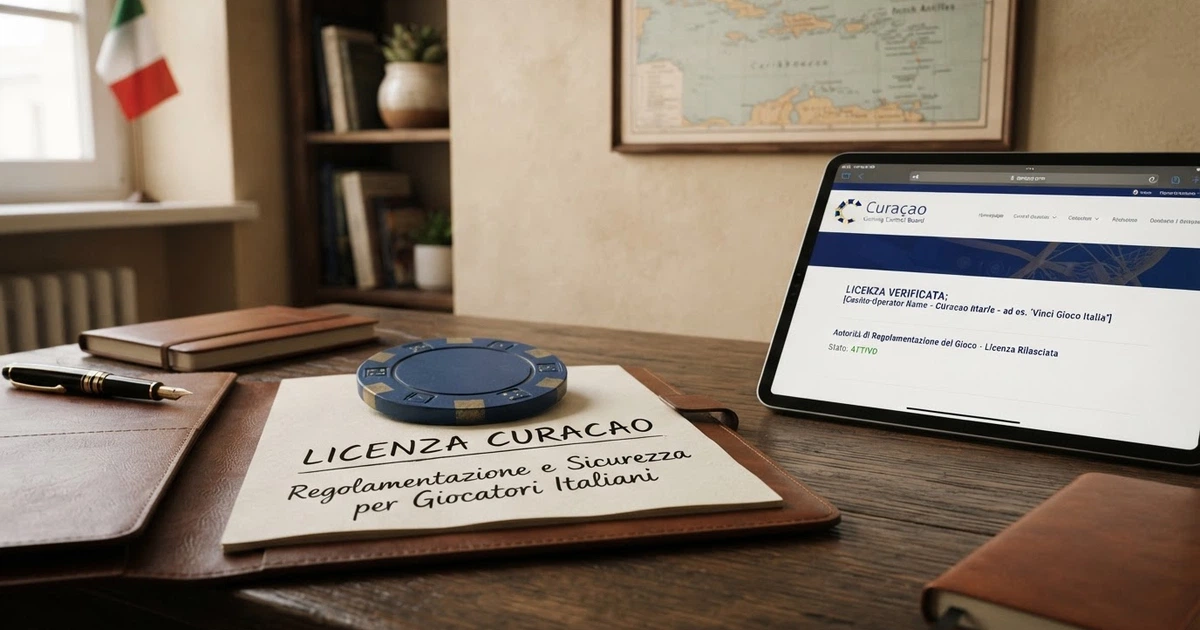 Il logo della Curaçao Gaming Authority accanto alla bandiera italiana e al simbolo dell'ADM, su uno sfondo che evoca il confronto tra giurisdizioni