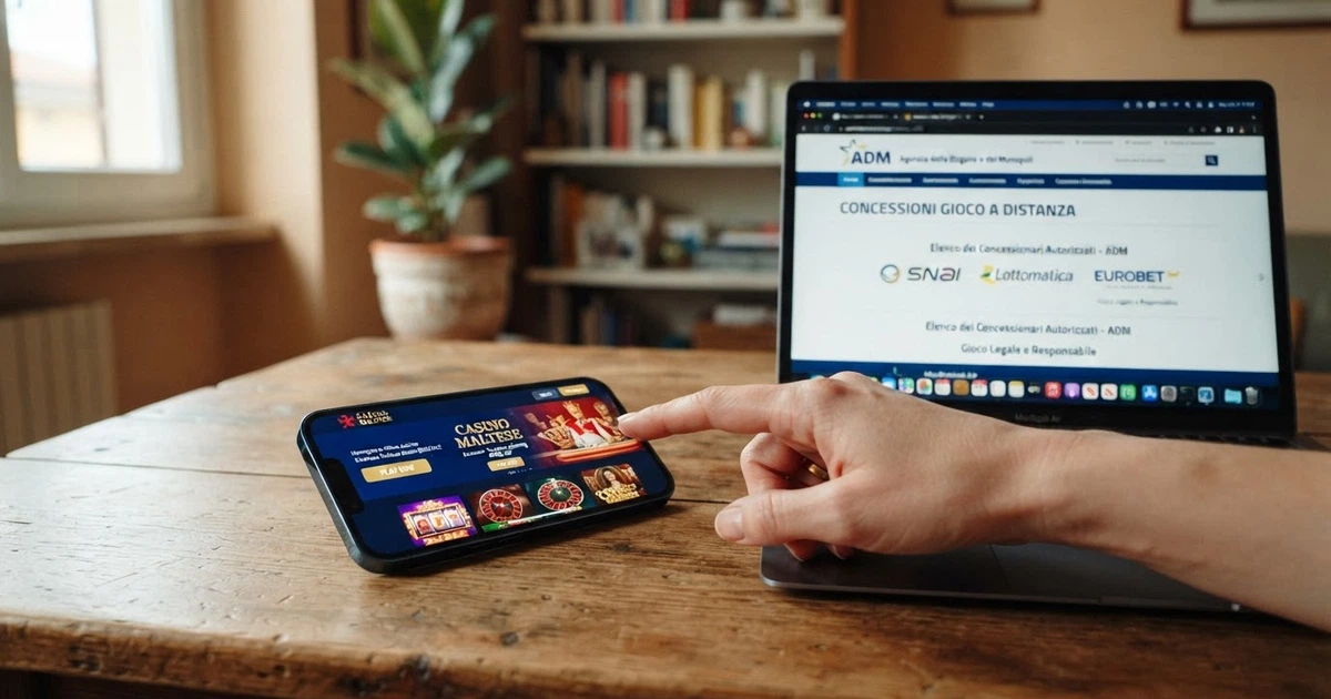 La homepage di un casinò online con licenza offshore visualizzata su uno schermo, affiancata dal sito ufficiale dell'ADM aperto sulla pagina delle concessioni