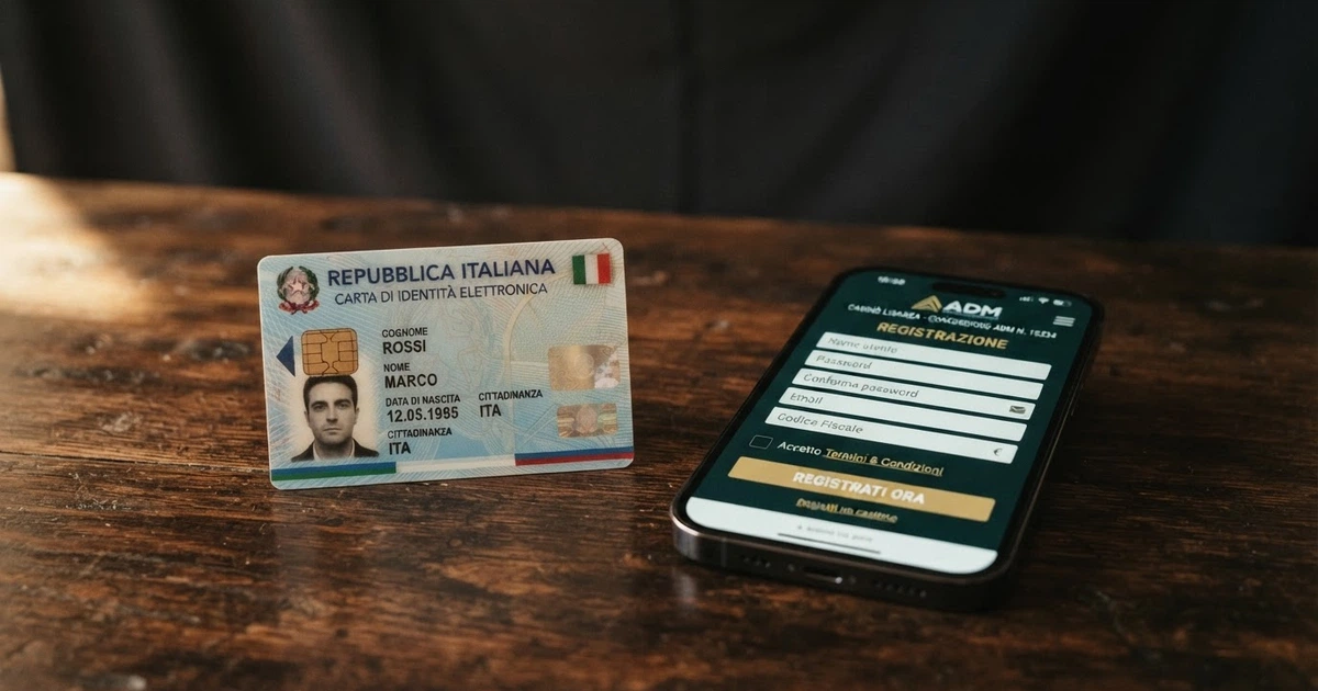 Una carta d'identità elettronica italiana appoggiata accanto a uno smartphone che mostra la schermata di registrazione di un casinò online