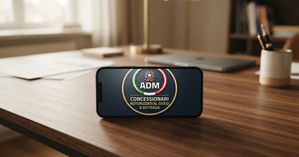 Il logo ufficiale dell'Agenzia delle Dogane e dei Monopoli e la scritta «Concessionari autorizzati al gioco a distanza» sullo schermo di un dispositivo