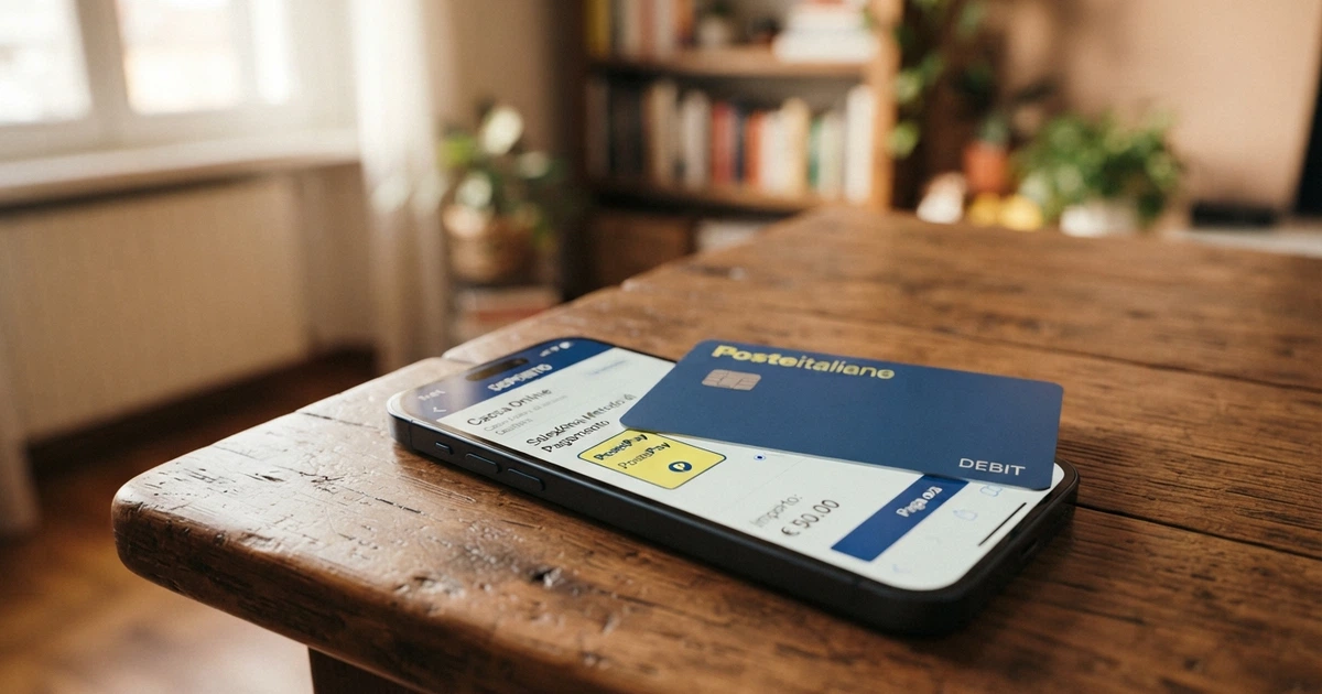 Una carta BancoPosta appoggiata su uno smartphone che mostra la cassa di un casinò online, con il logo di Poste Italiane visibile