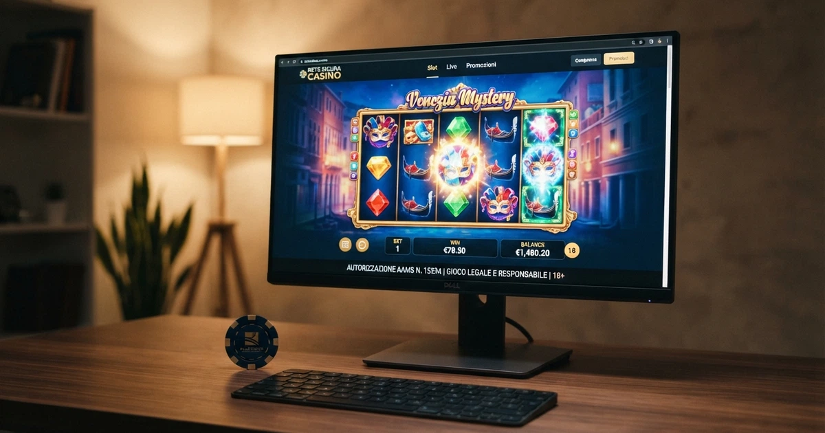 Interfaccia di un casinò online con licenza ADM su schermo desktop: slot machine in evidenza, logo del concessionario e numero di concessione nel footer