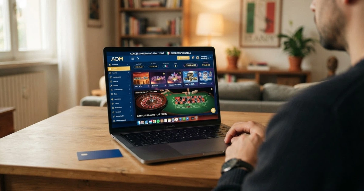 Interfaccia di un casino online con licenza ADM su schermo di computer, con giochi di slot e roulette in evidenza nella lobby