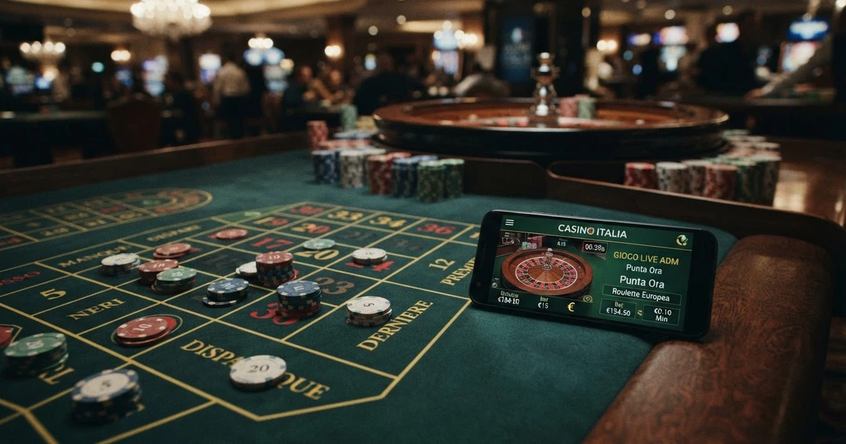 Un tavolo da roulette con fiches distribuite tra puntate minime e massime, sullo sfondo l'interfaccia di un casinò online ADM