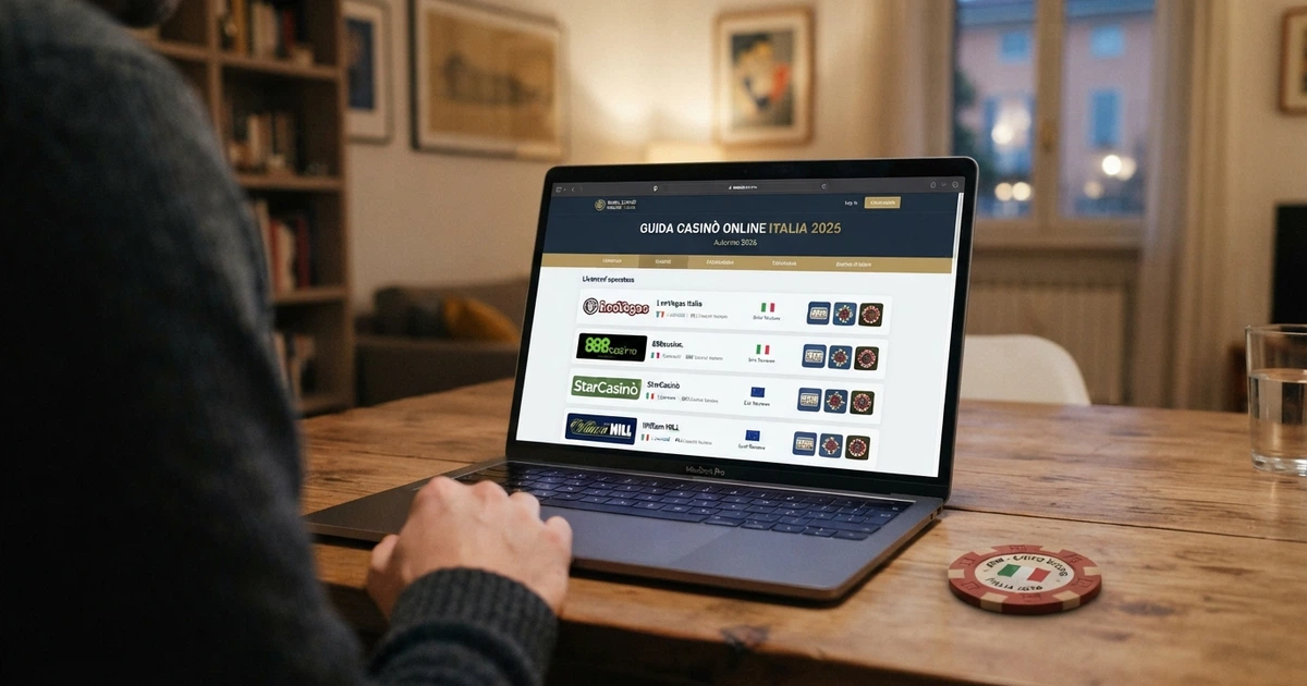Uno schermo di laptop che mostra una lista di casinò online con bandiere italiane ed europee affiancate, in un ambiente domestico.