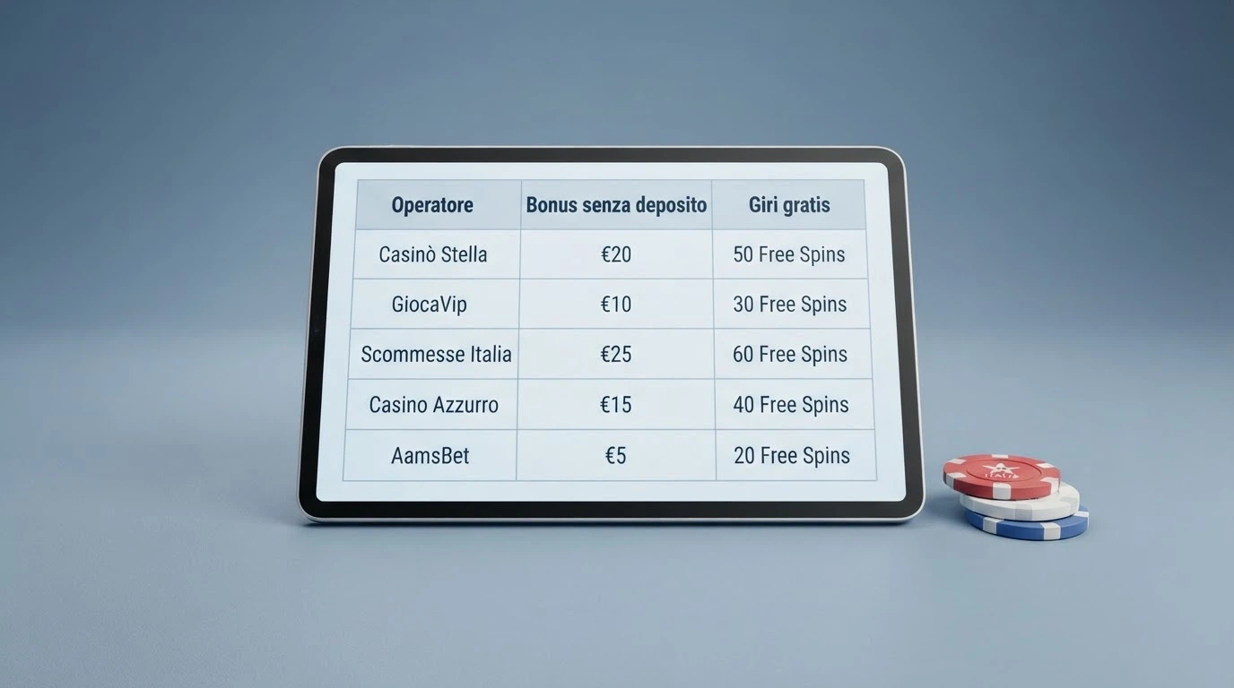 Schermata comparativa con loghi, importi dei bonus e condizioni di attivazione dei principali casinò ADM recensiti