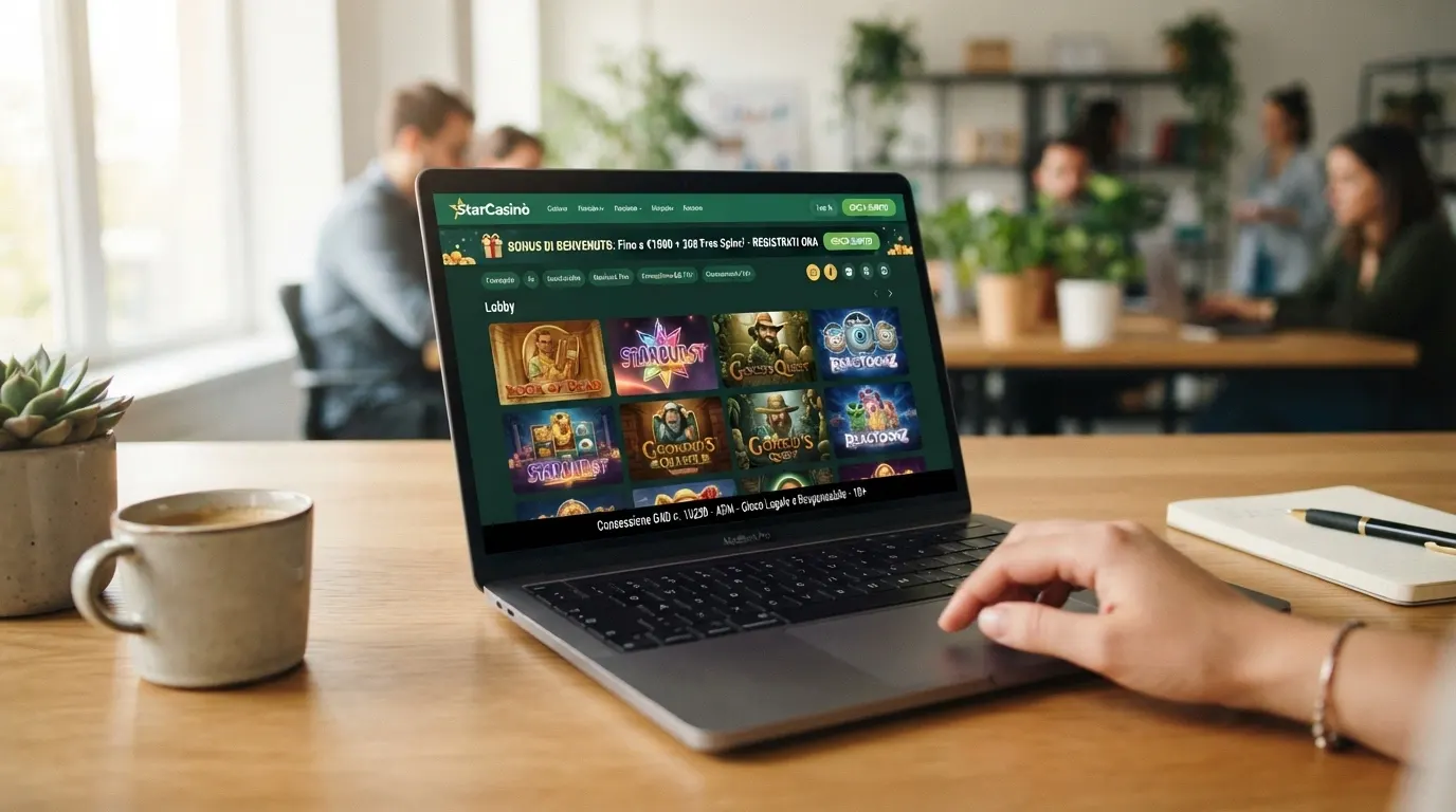 Una vista d'insieme dell'homepage di un casinò online con licenza ADM: logo del concessionario, numero di concessione in evidenza nel footer, anteprima della lobby slot e banner informativo sui bonus