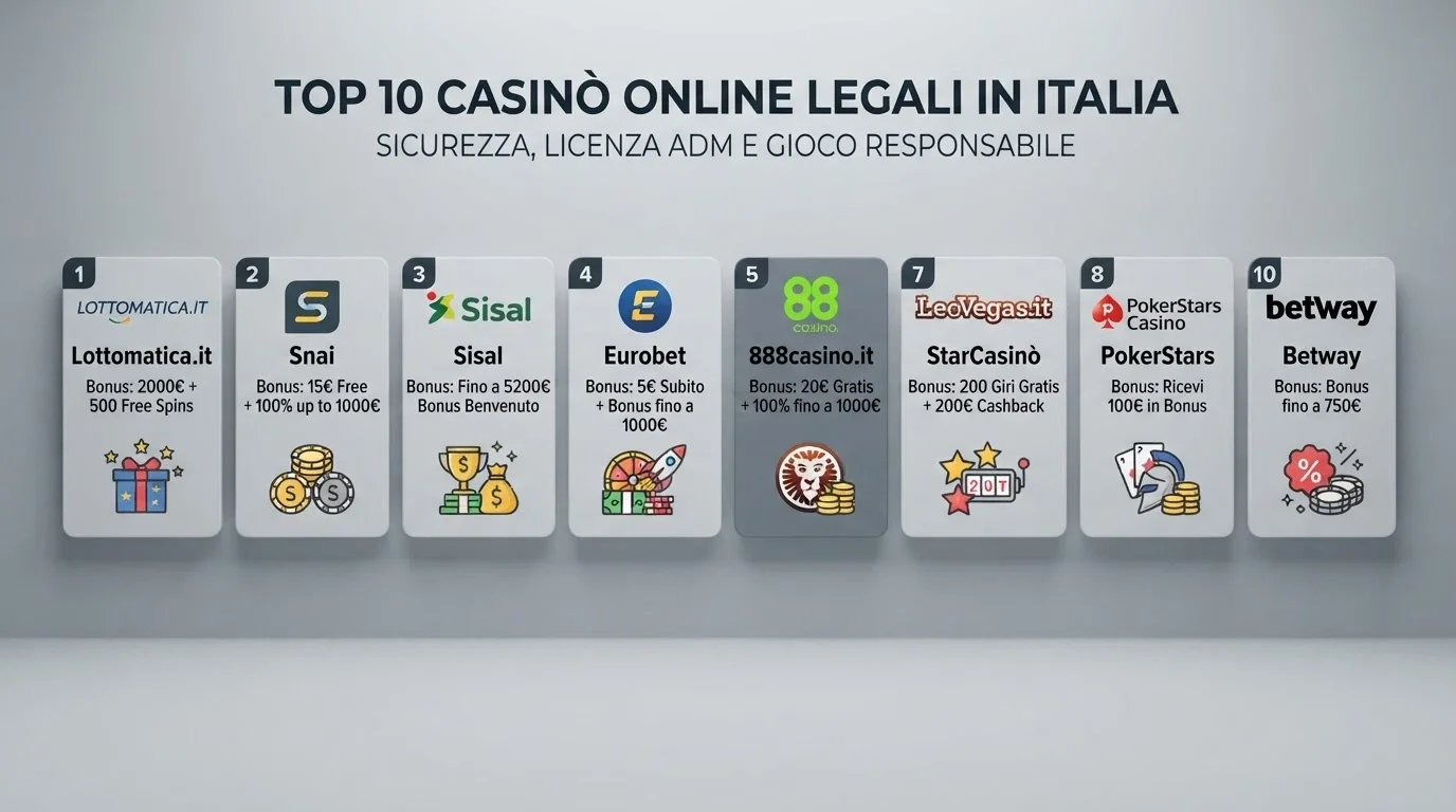 Una griglia visiva con 10 card, ciascuna con il nome di un operatore, il numero di concessione ADM e un'icona del bonus di benvenuto, ordinate per rilevanza