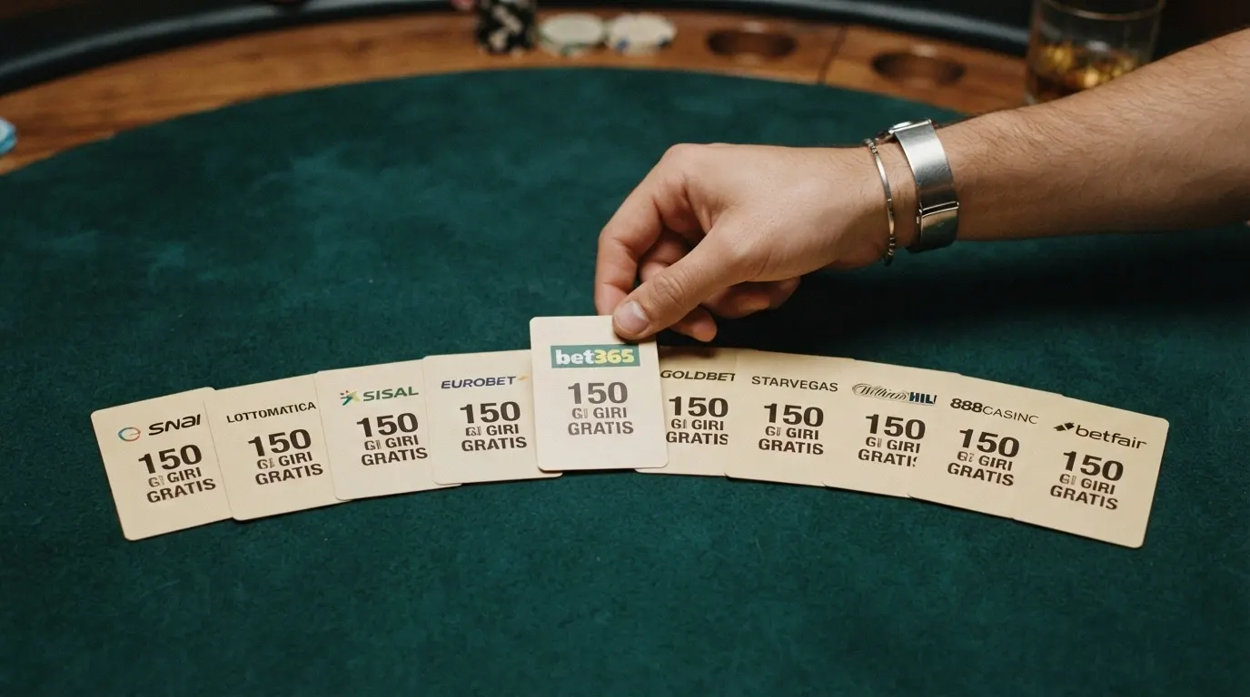 Un tavolo da gioco virtuale con dieci carte disposte a ventaglio, ciascuna con il nome di un casinò italiano e l'offerta di giri gratis in evidenza