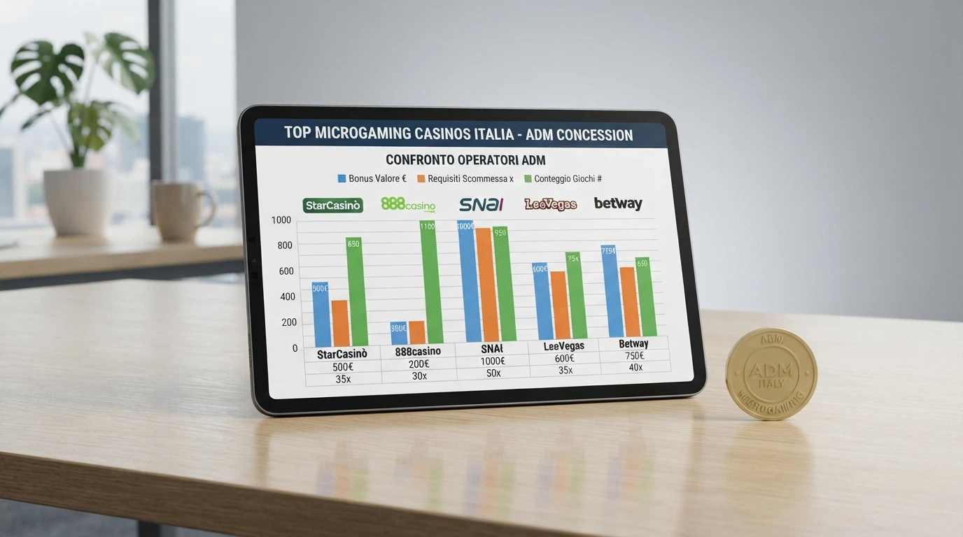 Tabella comparativa con i nomi e i dati principali dei 10 casinò Microgaming con concessione ADM