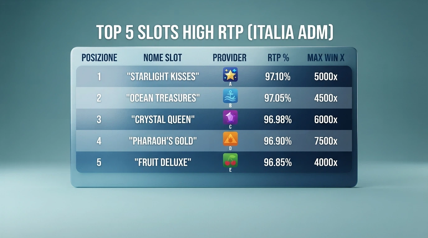 Una tabella comparativa con le prime cinque slot per RTP, ciascuna affiancata dal logo del provider e dal moltiplicatore della vincita massima