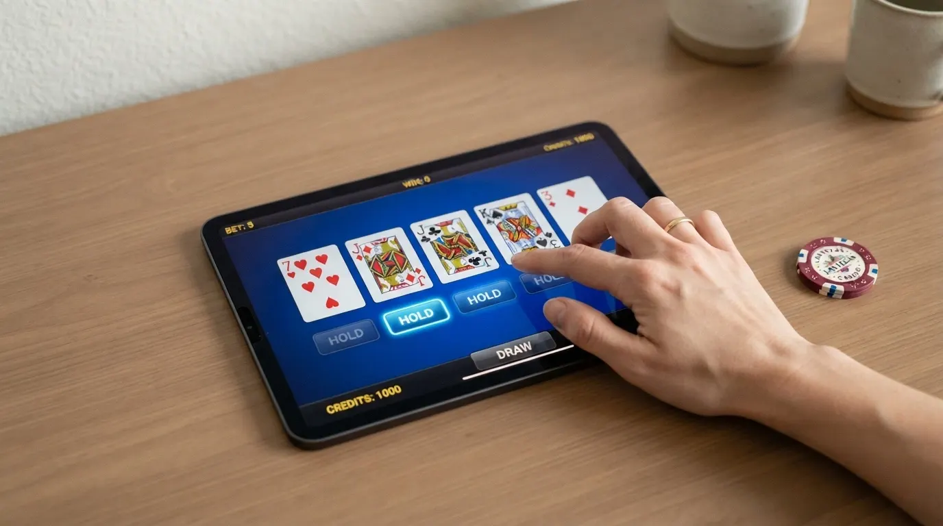 Le cinque carte di una mano iniziale di video poker con i pulsanti «hold» e «draw» sotto ogni carta